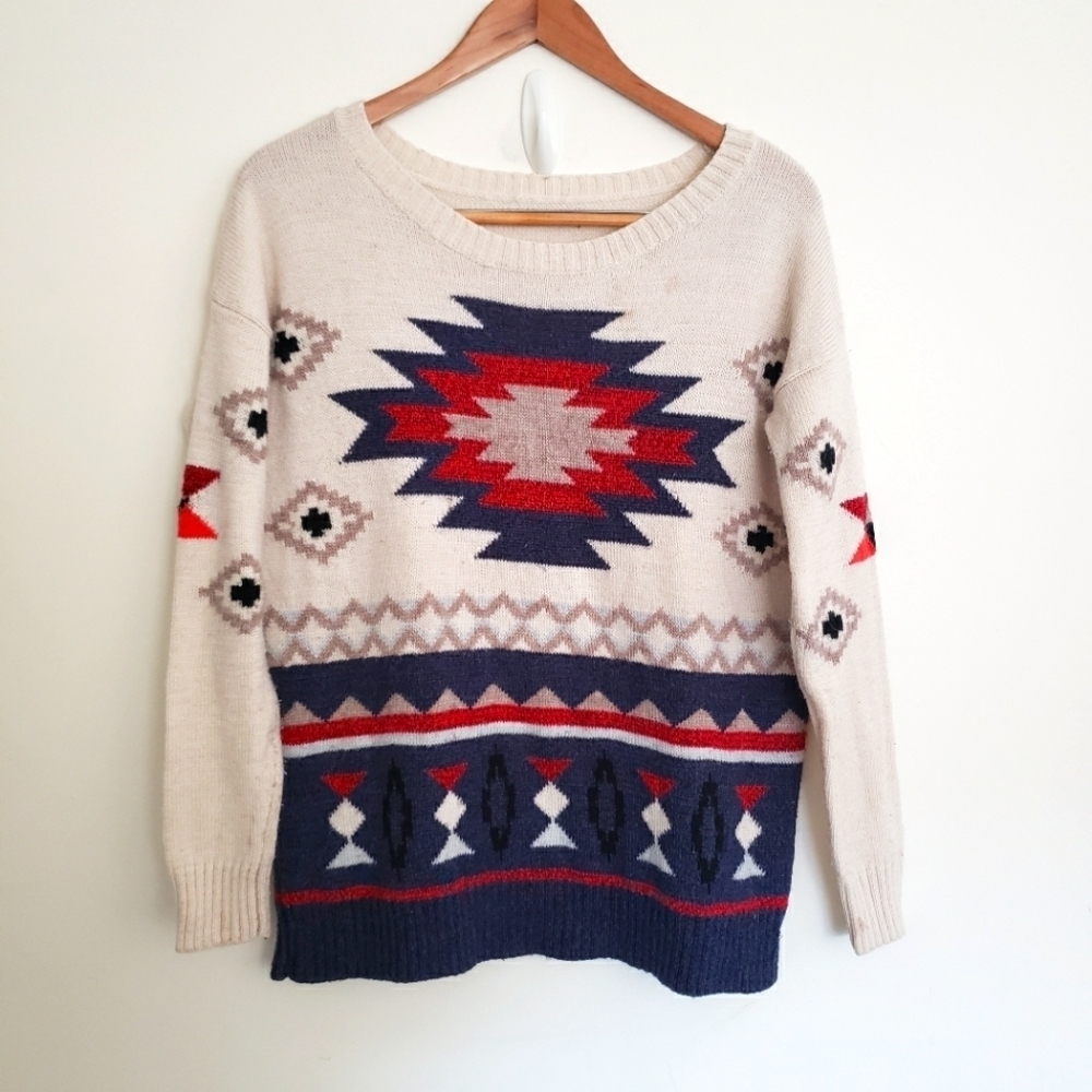 American Eagle Outfitters Southwestern Crewneck Sweater Red Cream Blue Medium